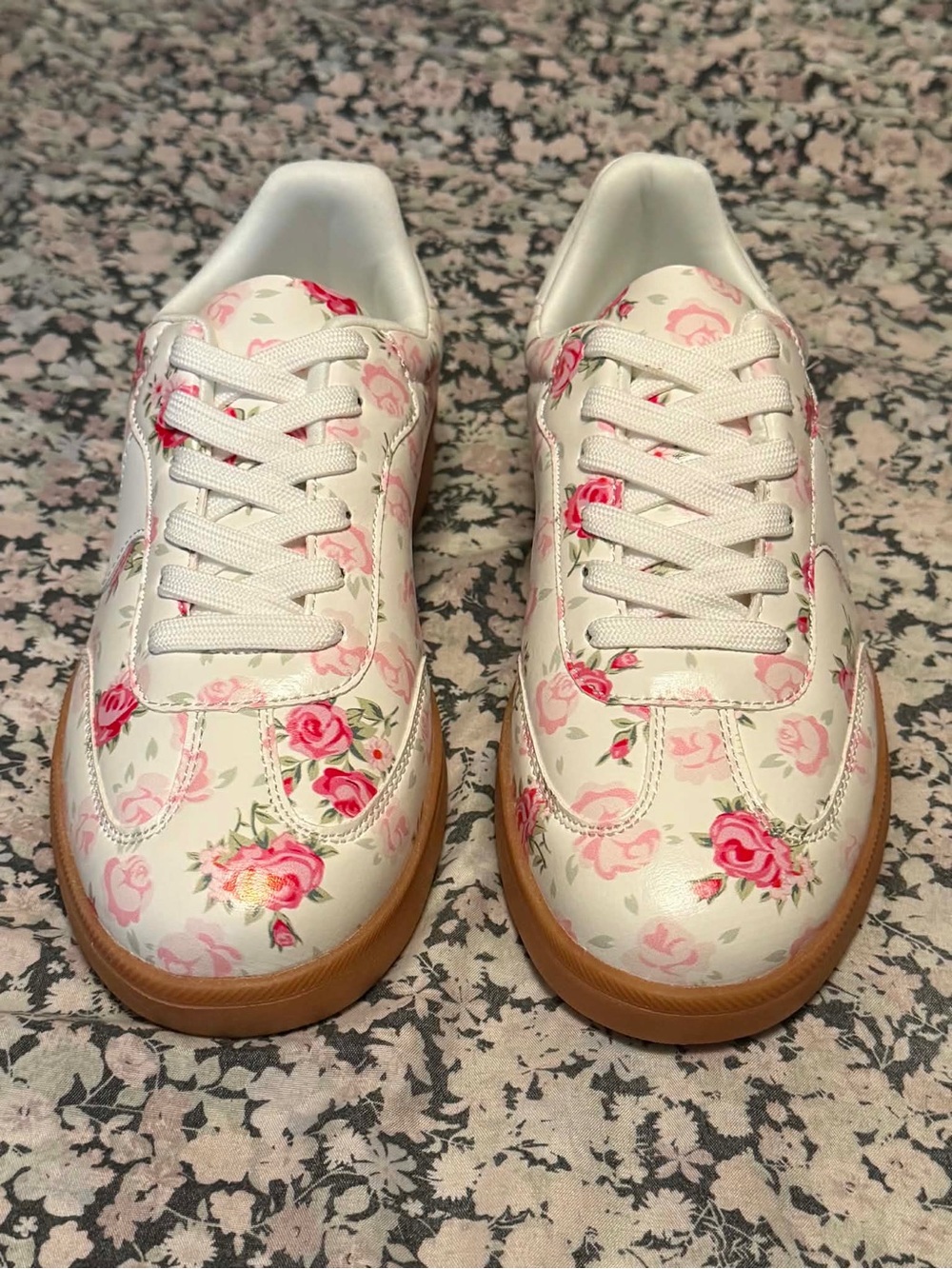 Women’s Floral White Sneakers with Pink Rose Print